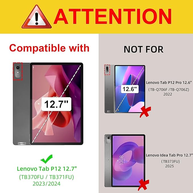 Junfire Protective Case for Lenovo Tab P12 12.7-inch 2024/2023 Shockproof Lenovo P12 Case with 360°Rotating Kickstand/Hand Strap/Shoulder Strap/Stylus Holder-Black