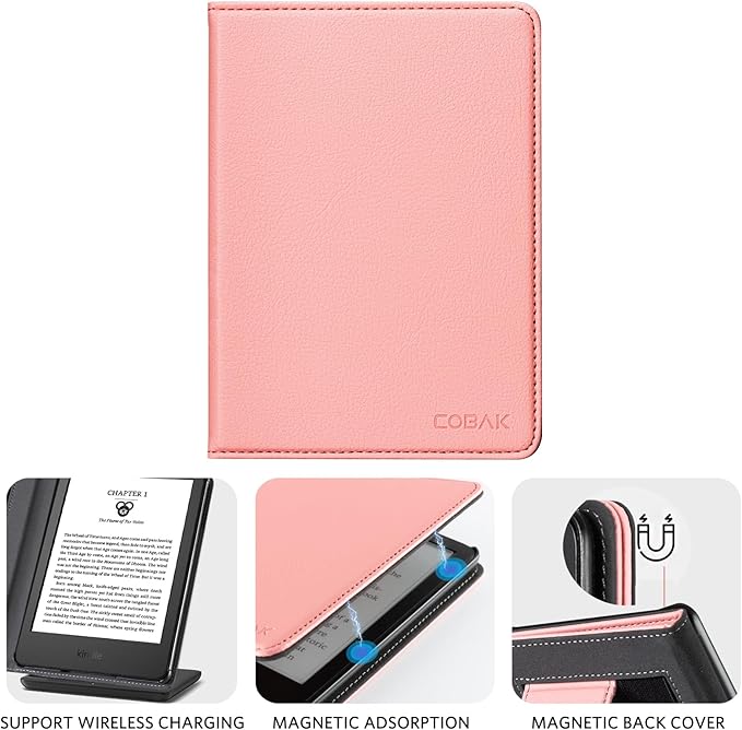 CoBak Case for 6 E-Reader - PU Leather Smart Cover with Auto Sleep/Wake &amp Hand Strap not Compatible with Kobo ClaraLychee Pink