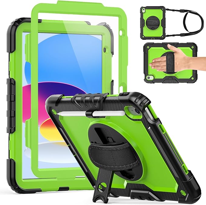 Weuiean Case for iPad A16 11th/10th Generation 11/10.9 Military-Grade Heavy-Duty Shockproof Cover with 360° Rotating Stand Built-in Pencil Holder &amp Adjustable Hand/Shoulder Strap - Green+Black
