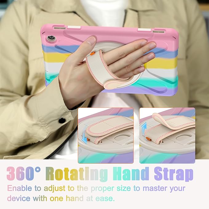 for Amazon Fire HD 10 &amp Fire HD 10 Kids Pro Tablet Case (13th Gen 2023 Release) Heavy Duty Shockproof Case with Hand/Shoulder Strap Rotating Kickstand Colourful Pink