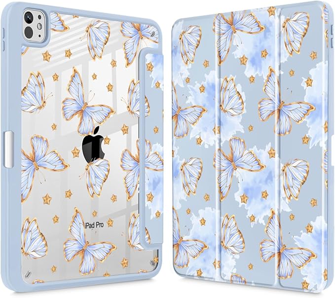 Tuiklol for iPad Pro 11 Inch (M5 2025 / M4 2024) Case Buit-in Pencil Holder with Slim Clear Back Cover Protection Trifold Stand-Auto Wake/Sleep Tablet Case Black Flower Blue Butterfly