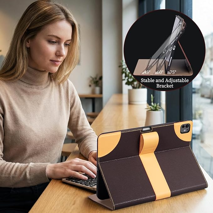 iPad Case for iPad Pro 13 Inch (M5/M4) 2025/2024Leather Folio Cover with Pencil HolderAuto Wake/Sleep Adjustable StandMagnetic Buckle Closure Protection Case-Single Strap Dark Brown