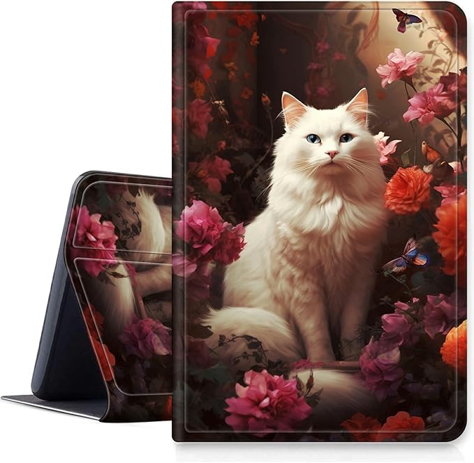 Case for iPad Air 11 (M3 2025 / M2 2024)/ iPad Air 6th/5th/4th Gen Case (2025/2024/2022/2020) 10.9 Inch PU Leather Smart Protective Cover with Auto Sleep/WakeWhite Cat Flower