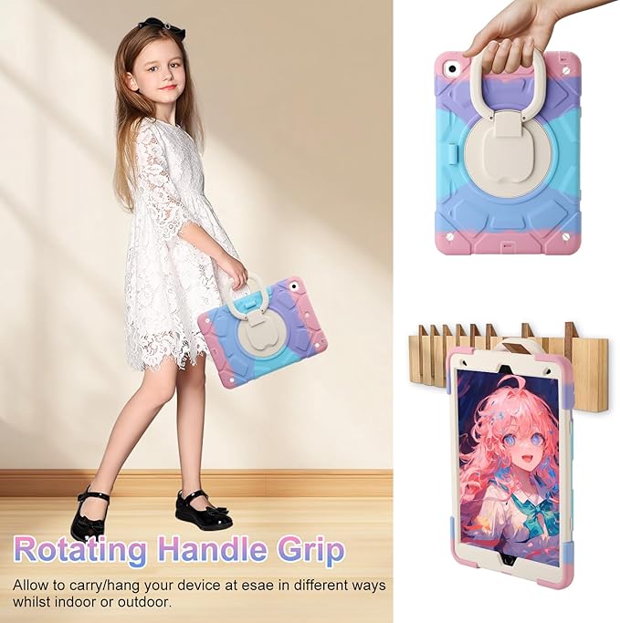 for iPad 9th/8th/7th Generation Case(2021/2020/2019)360°Rotating Handle Stand with[ Pencil Holder&ampShoulder Strap] Heavy Duty Shockproof Kids Cover for iPad 10.2 inch (Colorful Pink)