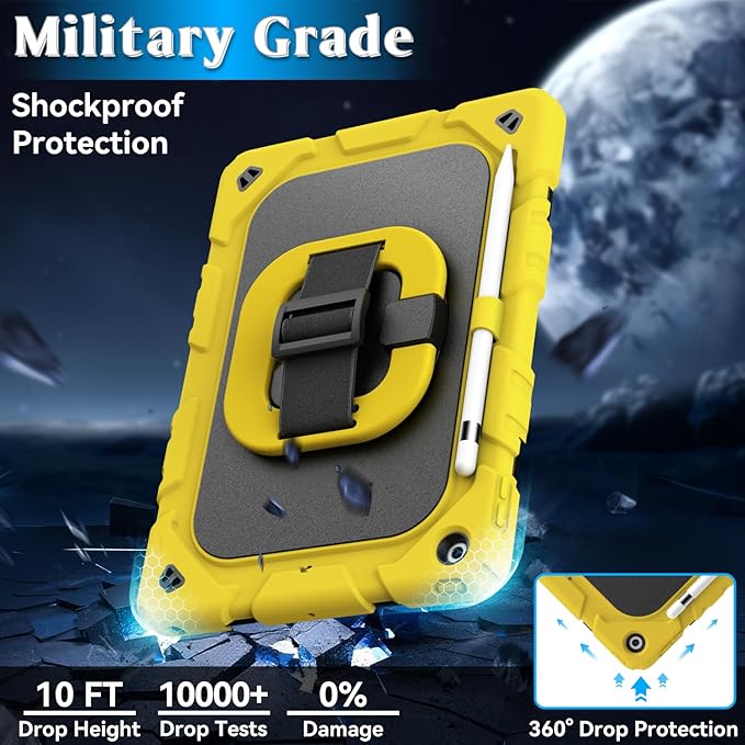 Grifobes for iPad 9th/8th/7th Generation Case for iPad 10.2 Inch 2021/2020/2019 Case Cover with Screen Protector 360°Rotate Stand Hand &amp Shoulder Strap Pencil Holder for Kids Yellow Black