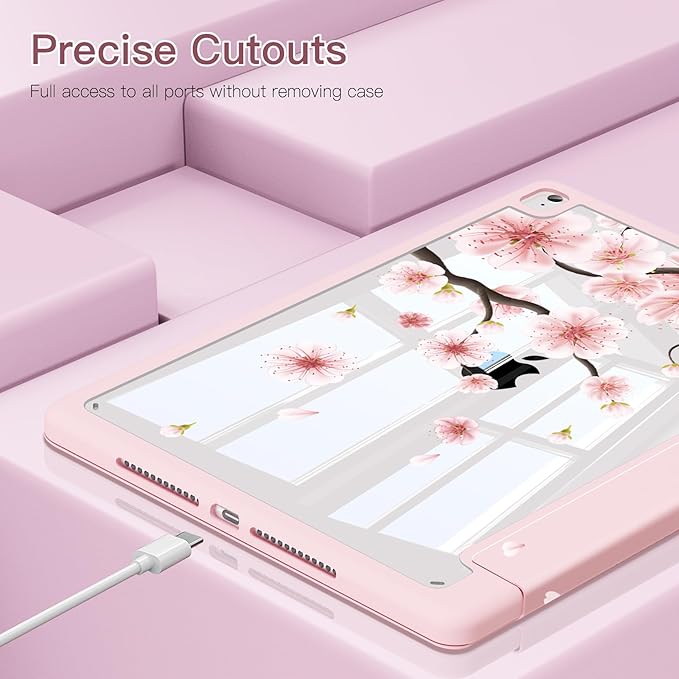 Teryeefi for iPad 10.2 case 9 Generation Built in Pencil Holder - Stand-Auto Wake/Sleep TPU Protection Stand Clear Back Cover for 2021 2020 2019 iPad 7th/8th/9th Case (Cherry Blossoms)