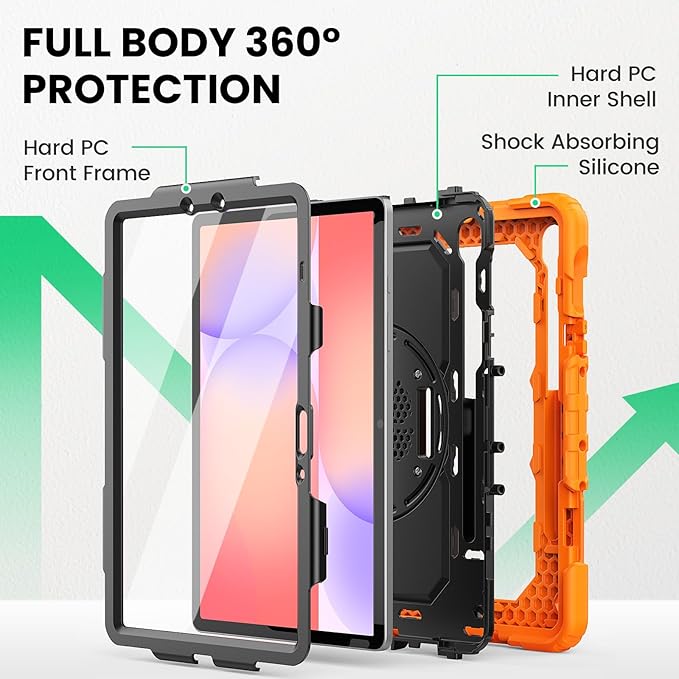 SEYMAC Case for Samsung Galaxy Tab S10 Lite/ S10 FE/ S9 FE/ S9 5G (10.9''/11'') Heavy Duty Shockproof Protective Case with Screen Protector Rotating Stand Hand Strap and Pen Holder Orange