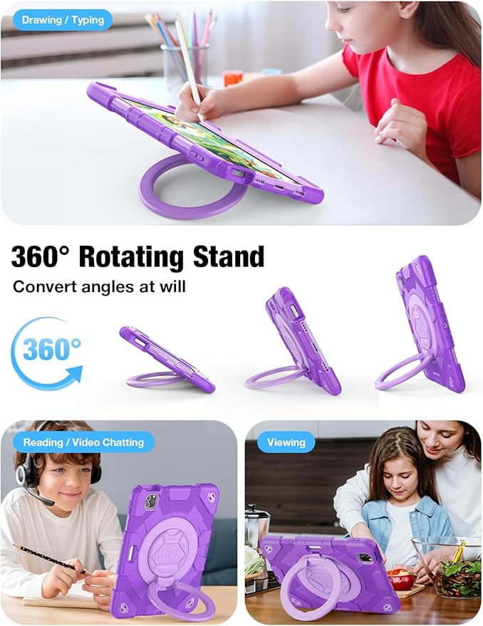 SCSVPN Kids Case for iPad Air 5th/4th Generation 10.9-inch 2022/2020 &amp iPad Pro 11'' 4th/3rd/2nd/1st Gen 2022 2021 2020 2018 Protection Case with Pencil Holder Stand Handle Shoulder Strap Purp