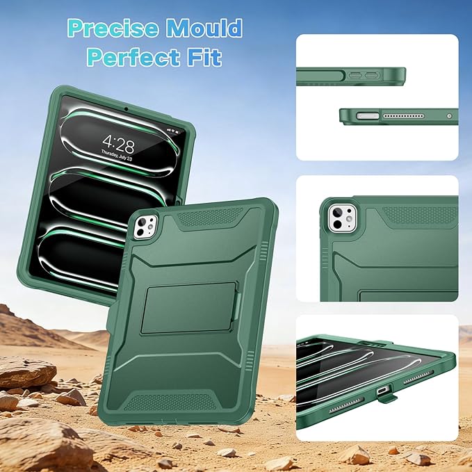 Soke Case for iPad Pro 11 Inch (M5) 2025/ (M4) 2024 with Built-in Screen Protector &amp Kickstand Rugged Full Body Heavy Duty Protective Cover with Pencil Holder - Midnight Green