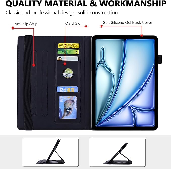 Folio Case for iPad Pro 11 2018-2022 iPad Air 11 2025/2024/Air 10.9 - Techcircle Stand Mandala Embossed PU Leather Soft TPU Cover with Elastic Strap Card Slots Pencil Holder - Black