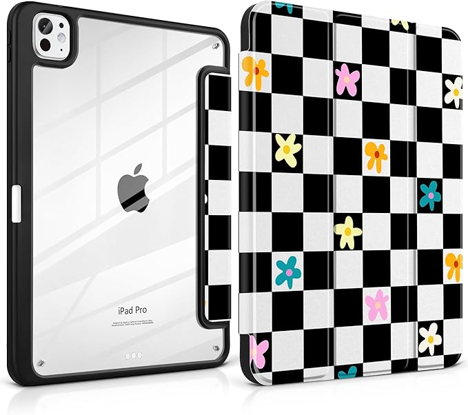 Case for iPad Pro 13 inch (M5) 2025 (M4) 2024 Release Slim Lightweight Cute Black Leather Cover with Clear Back TPU Edge Pencil Holder Trifold Stand Grid