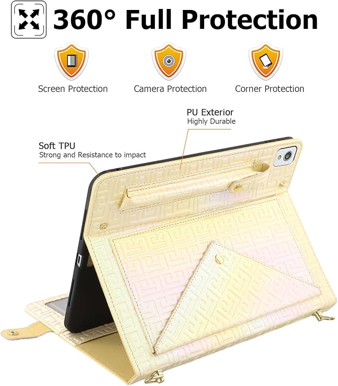 Dteck iPad 9th/8th/7th Generation Case 10.2 Luxury Sparkle PU Leather Kickstand With Pencil Holder Shoulder Hand Strap Card Slots Shockproof Protective Magnetic Pocket Wallet Apricot