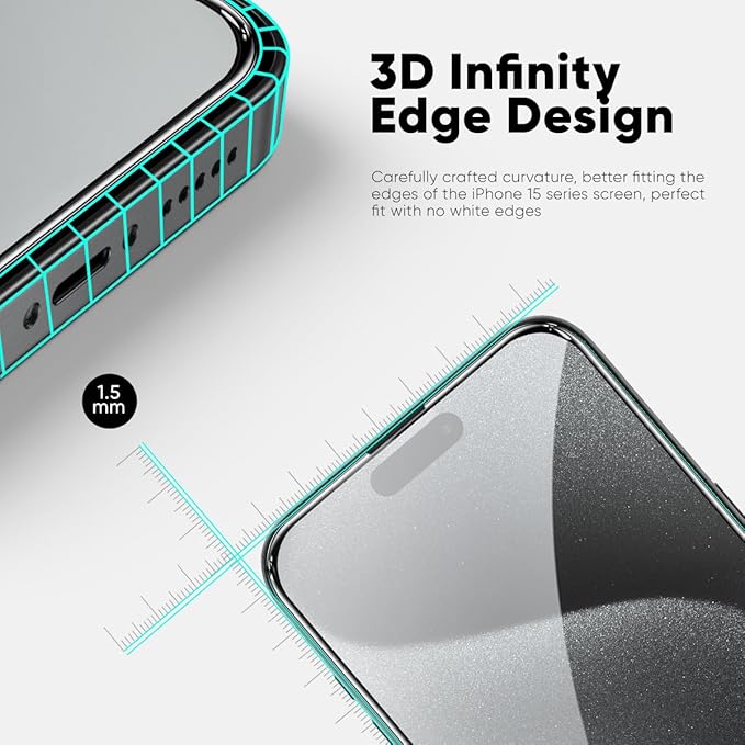 FLOLAB NanoArmour ONETIME MAX for iPhone 15 Pro Screen Protector: Anti-Blue Light Screen Protector 3D Clear Military-Grade Tempered Glass Durable Smooth Easy Install Dust-Free
