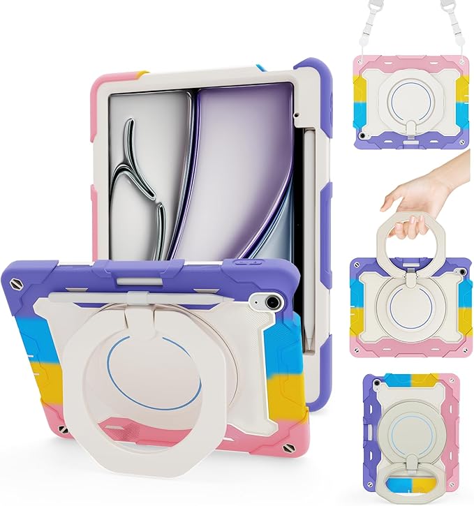 ACEMO for iPad Air 13 inch Case M3 M2 with Pencil Holder 360° Rotating Kickstand Handle Shoulder Strap for Kids Girls Heavy Duty Protective Cover for iPad Air 13 2025 2024 Pink