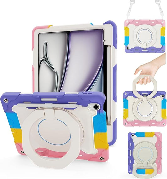 ACEMO for iPad Air 13 inch Case M3 M2 with Pencil Holder 360° Rotating Kickstand Handle Shoulder Strap for Kids Girls Heavy Duty Protective Cover for iPad Air 13 2025 2024 Pink