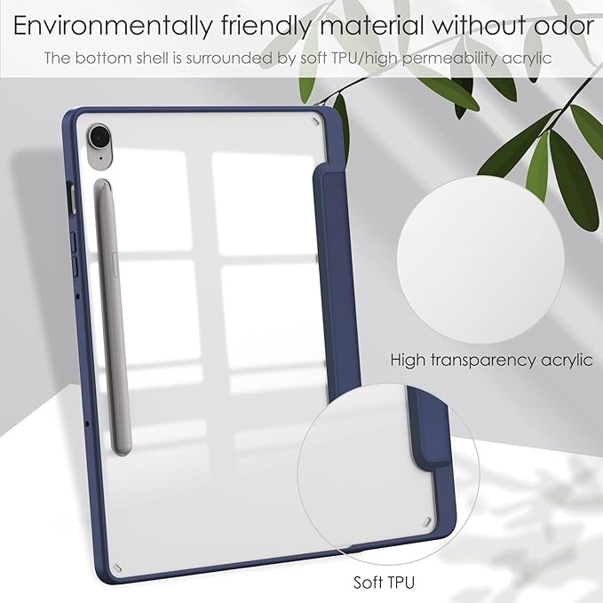 for Samsung Galaxy Tab S10 Lite/ S10 FE/ S9 FE 10.9 Inch Tri-Fold Smart Tablet Case with Pen Holder Shockproof Protective Cover W Transparent Back Shell Auto Wake/SleepBlue