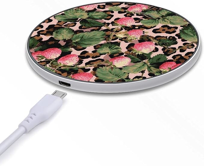 Leopard Print Strawberries Leaves Phone Charger Magnetic Charging Pad Anti-Slip with USB Cable