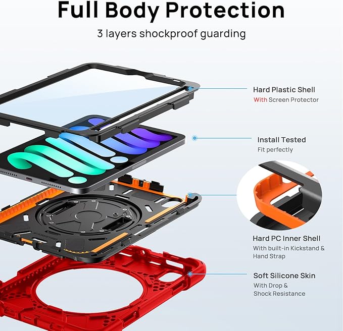 Gerutek Case for iPad mini 7 (A17 Pro) 2024/Mini 6 2021 8.3 inch Shockproof Cover for iPad mini 7/6th Generation with Screen Protector 360° Rotating Stand Hand/Shoulder Strap Pencil Holder Red