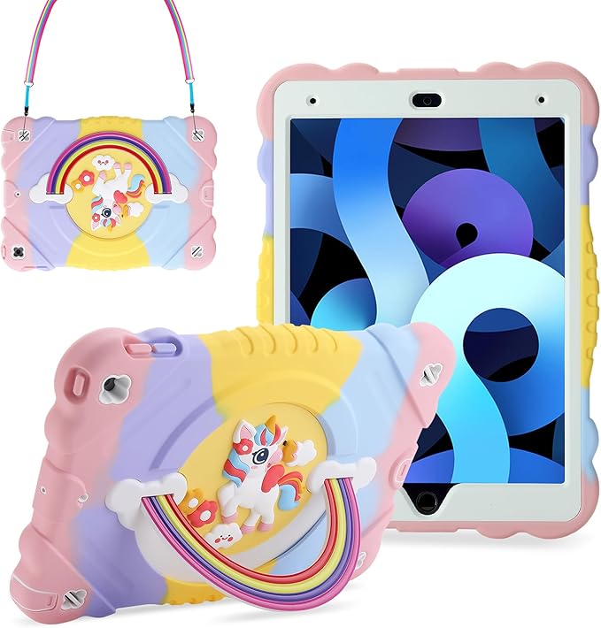 XZC Case for iPad 9th/8th/7th Generation 2021/2020/2019(10.2 inch) Unicorn Cute Cover Heavy Duty Shockproof Protective Case with Built-in Stand Strap for Kids Girls Women (Rainbow)