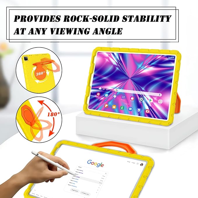 for iPad Pro 12.9 Case 3rd 4th 5th 6th Generation with Pencil Holder &amp 360° Rotating Handle Stand New Cute Rugged Cover for iPad Pro 12.9 inch 2022/2021/2020/2018 - Yellow