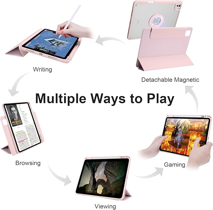 Case for iPad Pro 11 inch M5/M4 (2025/2024 6th/5th Generation) Removable and Detachable Magnetic Cover with Pencil Holder Vertical Adjustable Stand Tri-Fold Multi-Angle Pink