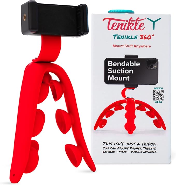 Tenikle® 360° - Flexible Tripod for Phone Camera GoPro As Seen on Shark Tank Bendable Suction Cup Camera &amp Phone Mount Phone Holder Compatible w/iPhone &amp Android (Tenikle® 360° Red)