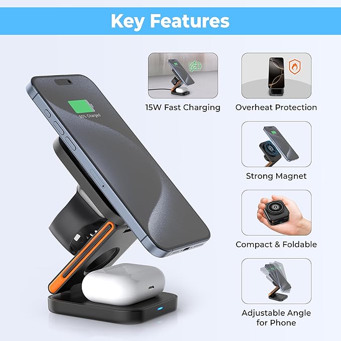 3 in 1 Charging Station for Apple Devices Magnetic Wireless Charger for iPhone 17/16/15/14/13/Air Pro/Max/Plus AirPods and Apple Watch Charging Foldable Travel Charger for Multiple Devices