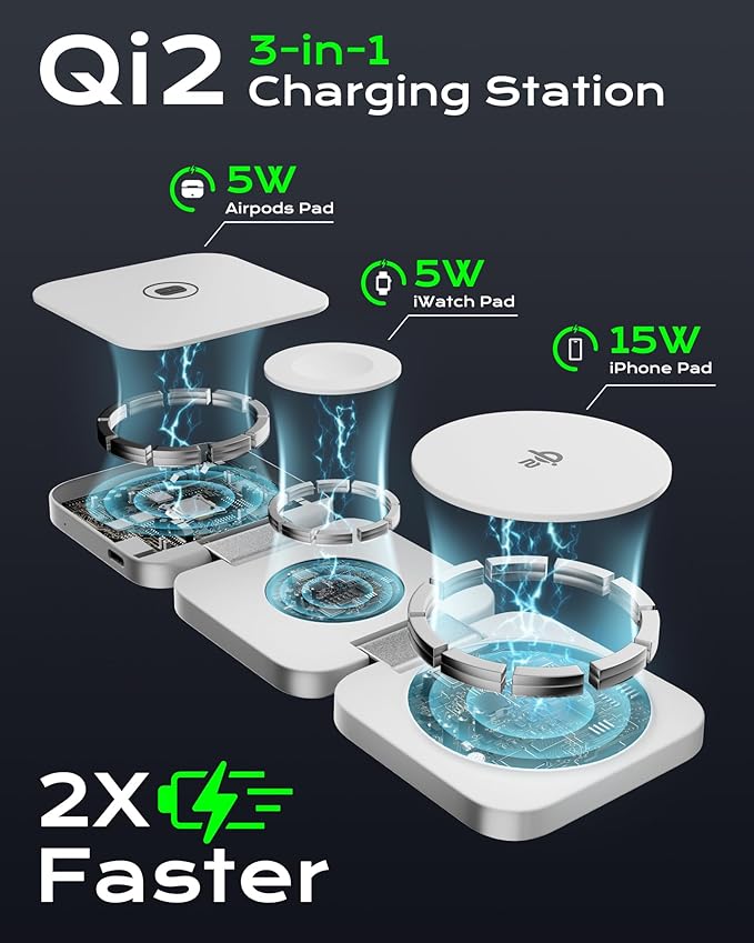 Qi2 Certified 3 in 1 Travel Charger MagSafe Compatible Upgraded Foldable Wireless Charger Stand Mag-Safe 3 in 1 Charging Station15W Fast Charging for iPhone 17/16/15/14/13/12 Apple Watch AirPods