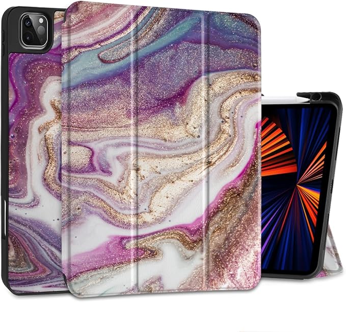 DONGKE Case for 2022/2021/2020/2018 iPad Pro 11 inch Gen 4/3/2/1 - Slim Protective Case - Built in Pencil Holder Support Charging - Trifold Stand &amp Sleep/Wake Cover- Pink Marble