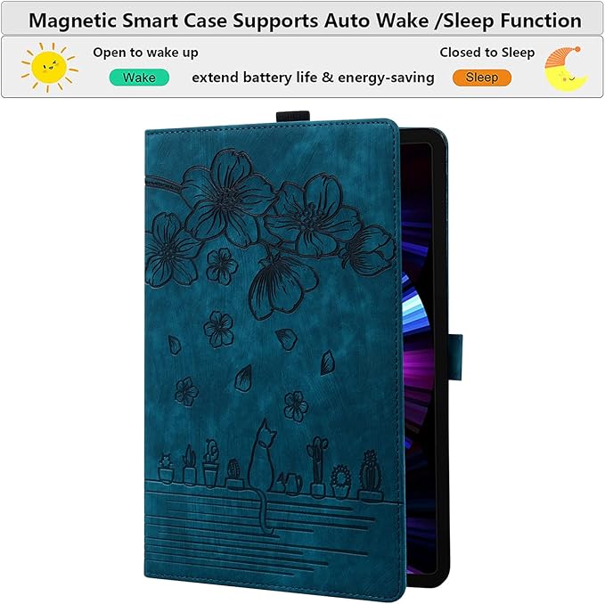 for Amazon Kindle Fire HD 8 &amp Fire HD 8 Plus Case 12th/10th Generation (2024/2022/2020) 8 UUcovers Embossed PU Leather Folio Magneic Cover with Stand/Pencil Holder Cherry Blossom Blue Cat