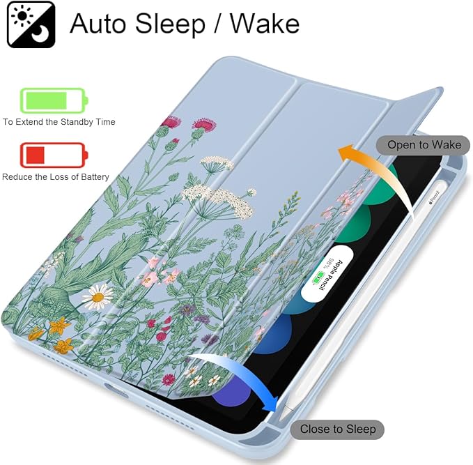 May Chen Slim Case for iPad mini 7 (A17 Pro 7th Generation) 2024 / iPad mini 6 (6th Gen) 8.3 Inch [Built-in Pencil Holder] Shockproof Cover Clear Clear Back Shell Auto Wake/Sleep Herbs Flowers