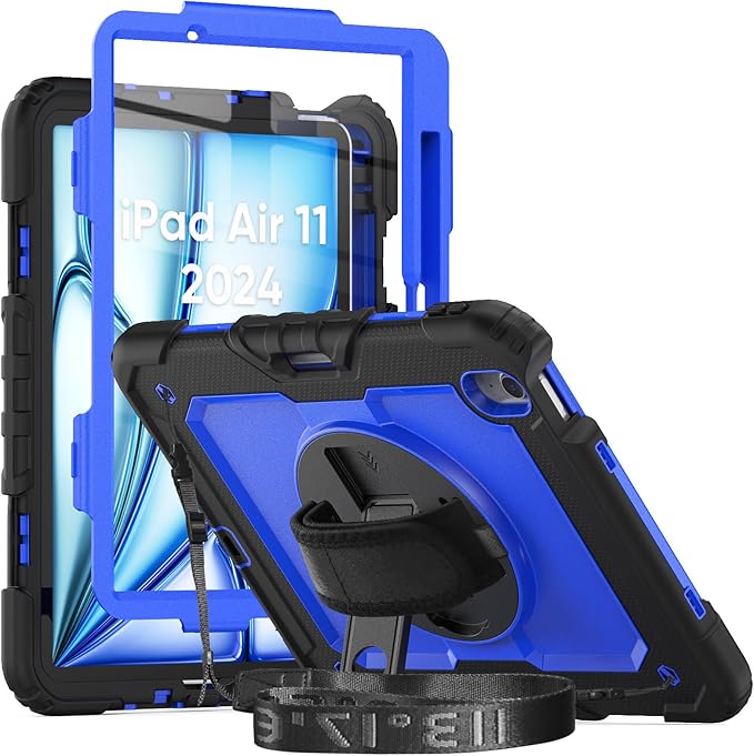 Herize Case for iPad Air 11 Inch M3/M2 with Screen Protector | Case for iPad Air 7th/6th Generation 11 Inch 2025/2024 | Shockproof Protection Cover W/Pen Holder Kickstand Hand Grip Shoulder Strap