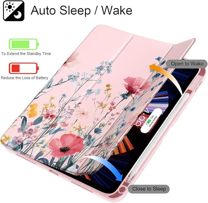 May Chen for iPad (A16) 11th Generation Case 11 Inch 2025 iPad 10th Gen Case 2022 10.9 inch Built-in Pencil Holder with Shockproof Cover Clear Transparent Back Shell Auto Wake/Sleep Wildflower