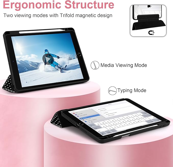 MEEgoodo Case for iPad 10.2 inchTablet Cases for iPad 9th Generation 2021/8th Gen 2020/7th Gen 2019 with Clear Acrylic Back Shell+Pencil Holder+Auto Wake/Sleep+Trifold Stand White Polka Dot