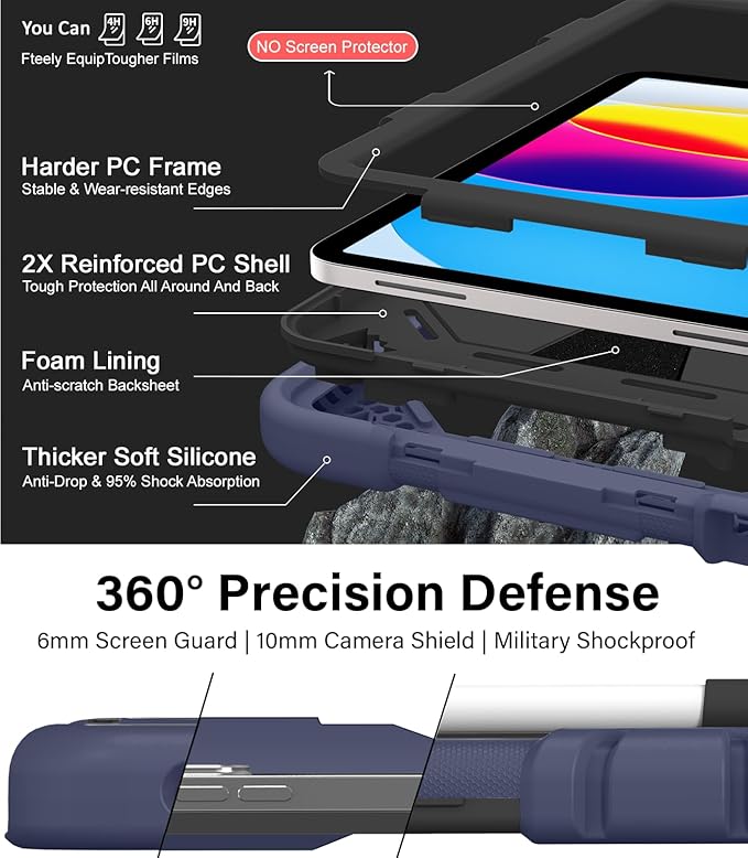 JKSML Case for iPad (A16) 11th/10th Gen | 360° Rugged Rotating Stand | Pencil Holder | Adjustable Shoulder Strap | Heavy Duty Drop Protective Cover for iPad 10.9 (2022)/ 11 (2025) - Navy Black