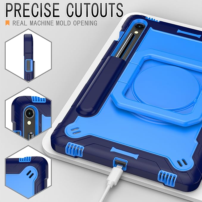 Case for Galaxy Tab S9 FE+/Tab S9+ 12.4 inch Rugged Armor Heavy Duty Hybrid Cover with Adjustable Stand and Handle for Tab S9 Plus 12.4 with Shoulder Strap and S Pen Holder (Blue/Light Blue)