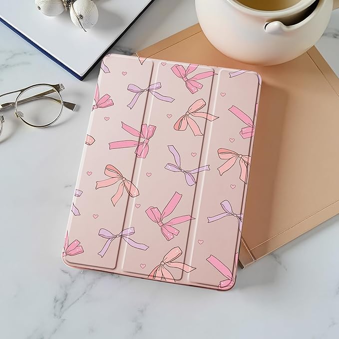 Idocolors Case for iPad 11 inch (A16 Chip) 2025 Generation 11th / iPad 10.9 inch 2022 10th Gen Built-in Pencil Holder with Soft TPU Shockproof Back Shell Auto Wake/Sleep Pink Bows-Pink