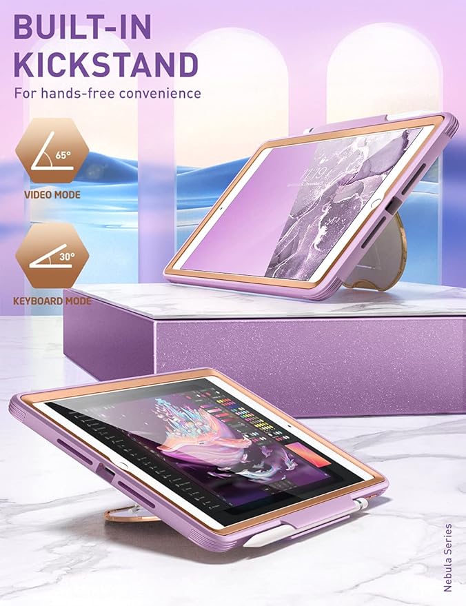 Clayco Nebula Case for iPad 9th/8th/7th Generation Case 10.2 Inch 2021/2020/2019 Multi-Angle Viewing Full Body Stand Cover for iPad 10.2 with Built-in Screen Protector &amp Pencil Holder Purple