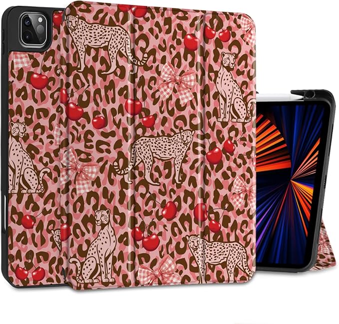 DONGKE Case for 2022/2021/2020/2018 iPad Pro 11 inch Gen 4/3/2/1 - Slim Protective Case - Built in Pencil Holder Support Charging - Trifold Stand &amp Sleep/Wake Cover- Cheetah Bow