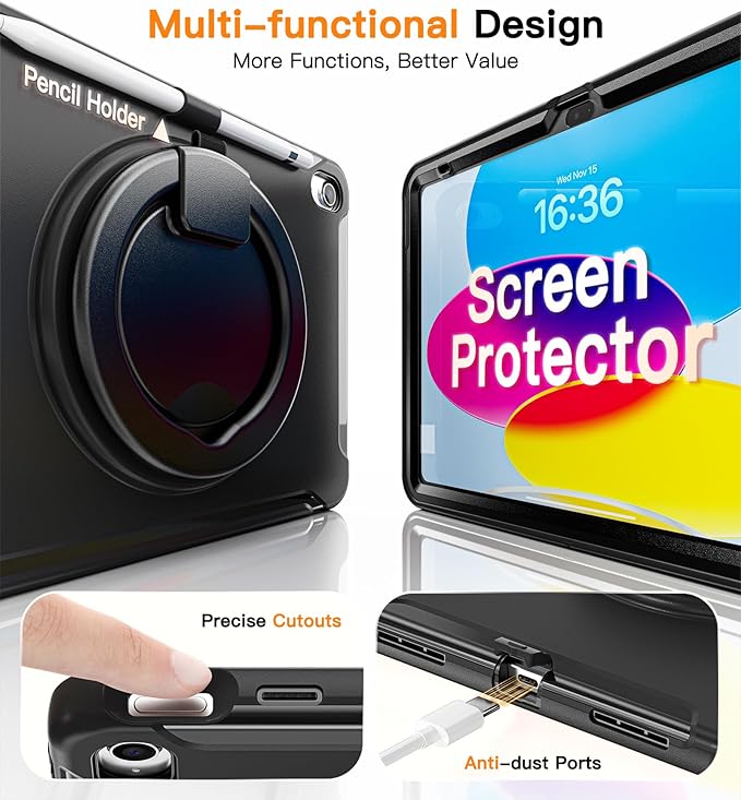 BATYUE Shockproof Case for iPad 10th Gen 10.9 2022 / 11th Gen (A16) 11 2025 | 360° Multi-Angle Stand (Portrait &amp Landscape) &amp Grip Built-in Screen Protector Pencil Holder Black