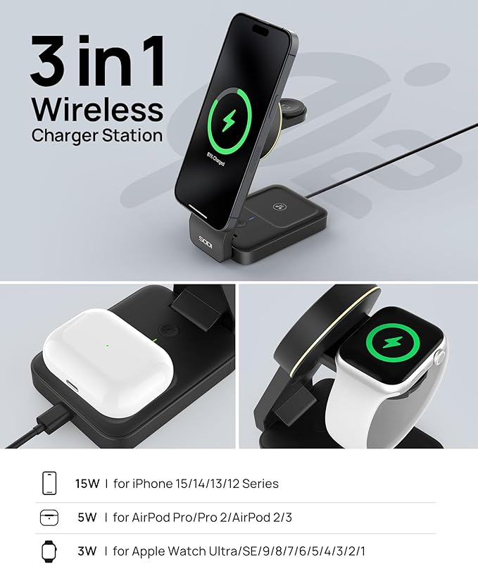 SODI Qi2 3-in-1 Foldable Wireless Charging Station with Night Light Fast 15W Portable Travel Charger Stand Nightstand Charger for iPhone/Android/Apple Watch/AirPods(W79-2)