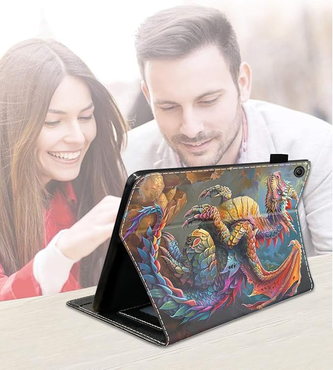 Case for Amazon Kindle Fire 7 Tablet (7 9th/7th Generation 2019/2017 Release) Slim PU Leather Cover with Card Slot &amp Auto Wake/Sleep Colorful Dragon