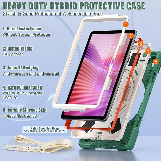 Tablet Case Compatible with Lenovo Tab 10.1(TB-311XU) /K10C TB311FU 2025 Case Protective Heavy Duty Rugged Shockproof Drop Protection Cover Shoulder Strap for Kids Silicone Cover(Green)