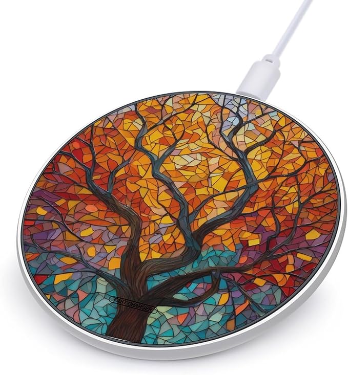 Tree Branches Leaves Stained Glass Fast Portable Charger 10W Funny Graphic Phone Charging Pad with USB Cable