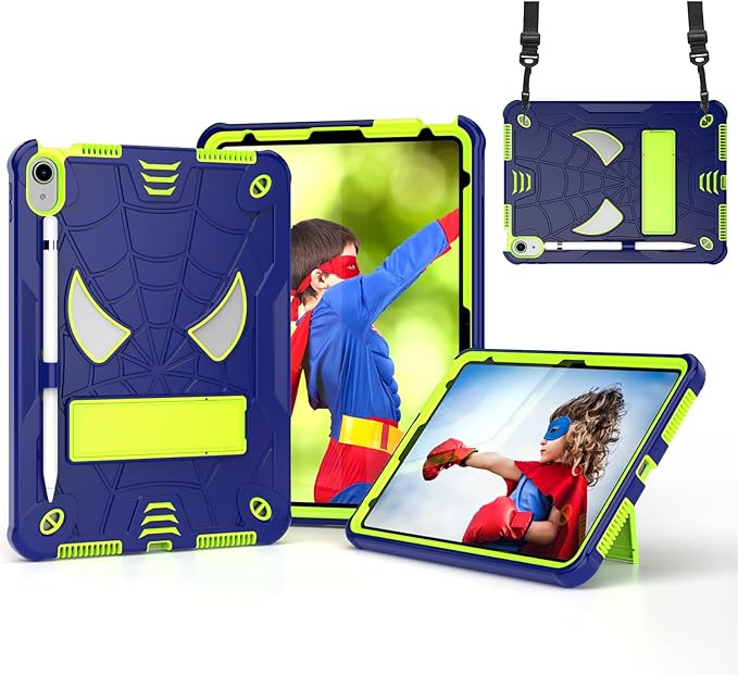Dteck for iPad A16 Kids Case BoysCute Cartoon Spider Child Friendly Hard Kickstand Cover with Pencil Holder Shoulder Strap Shockproof Rugged Protective 10.9 10 Gen Cool CaseNavy/Green
