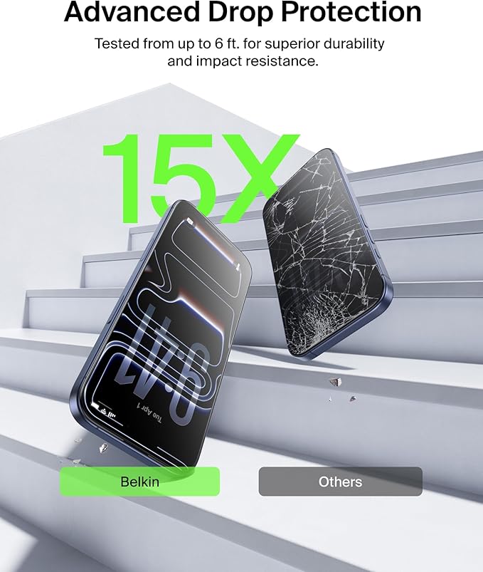 Belkin ScreenForce TemperedGlass Screen Protector for iPhone 17 Pro Max Scratch-Resistant Impact Protection w/Included Easy Align Tray for Bubble Free Application Recycled Glass