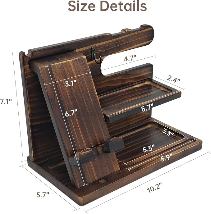 Nightstand Organizer with Phone Docking Station and Desk Organizer - Brown Wooden Gift for Men and Dad