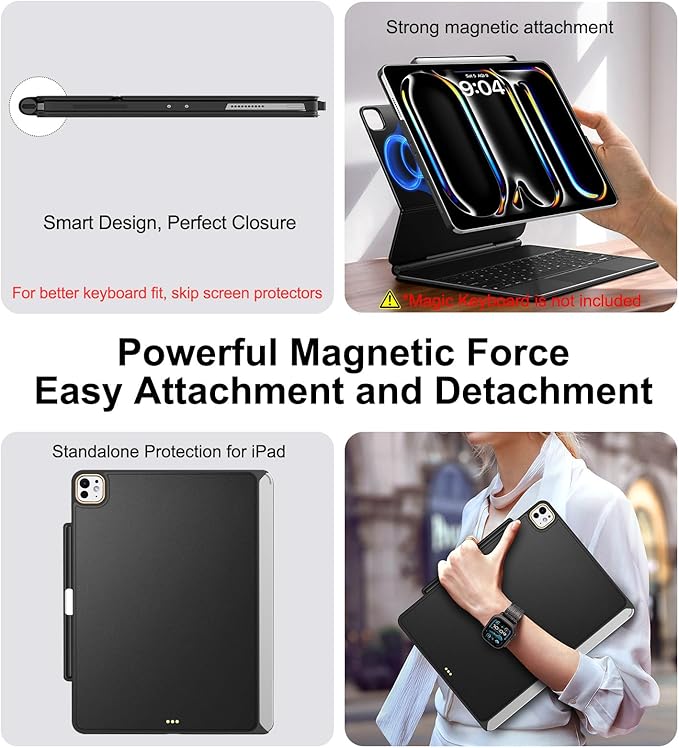 Magic-Keyboard Compatible Case for iPad Pro 13 inch M4/M5 2024/2025 Cover with Apple Pencil Holder for Smart MagicKeyboard Folio Slim Durability Durable Leather Surface Keyboard Not Included Black