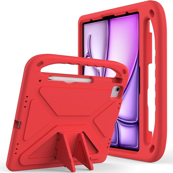 Kids Case for Apple iPad Air 13 inch Tablet M4/M3/M2 (2026/2025/2024) with Pencil Holder Anti-Slip Handle Slim Lightweight Stand Shockproof Soft EVA Protective Silicone Bumper Cover Red