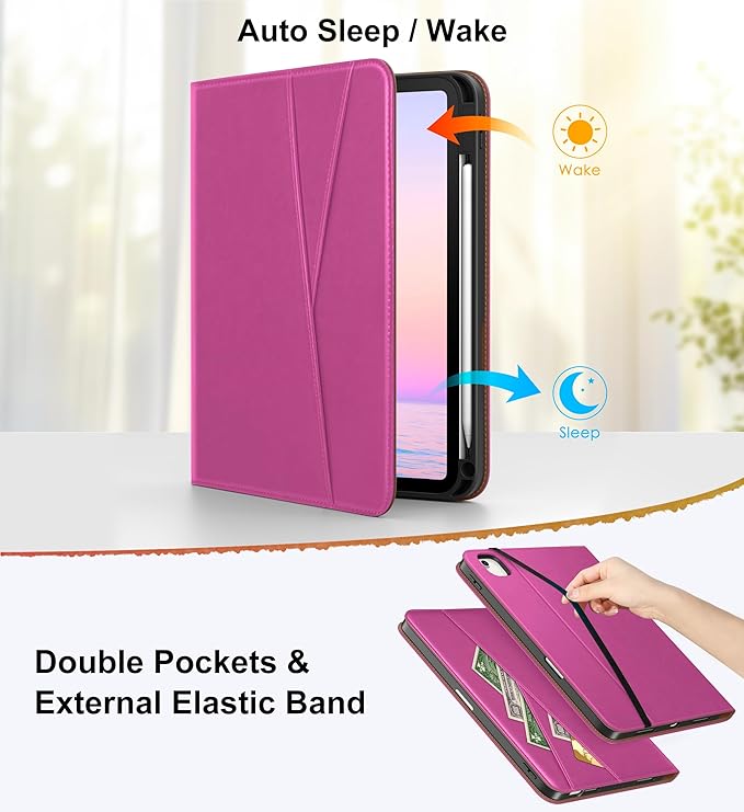 DTTO for iPad Air 11 inch Case M4 / M3 / M2 (2026/2025/2024) iPad Air 5th / 4th Gen (2022/2020) 360 Degree Rotating Premium Leather Folio Stand Cover with Pencil Holder Rose Red